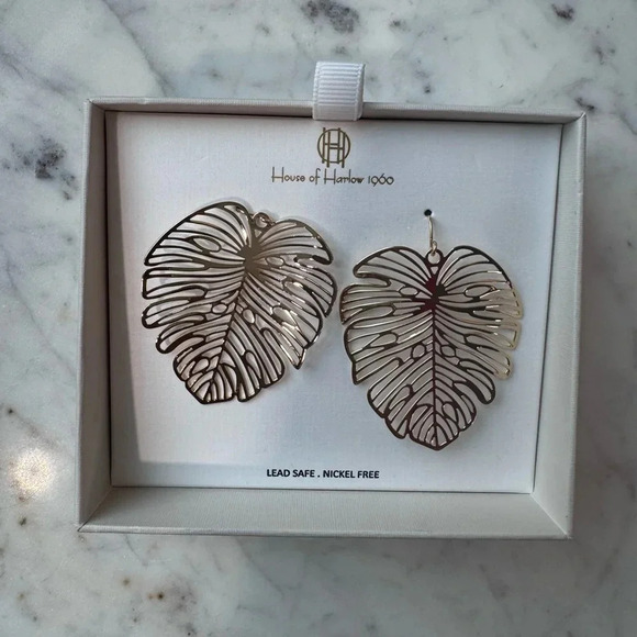 House of Harlow 1960 Gold-Plates Dangle Monstera Earrings - Picture 2 of 4